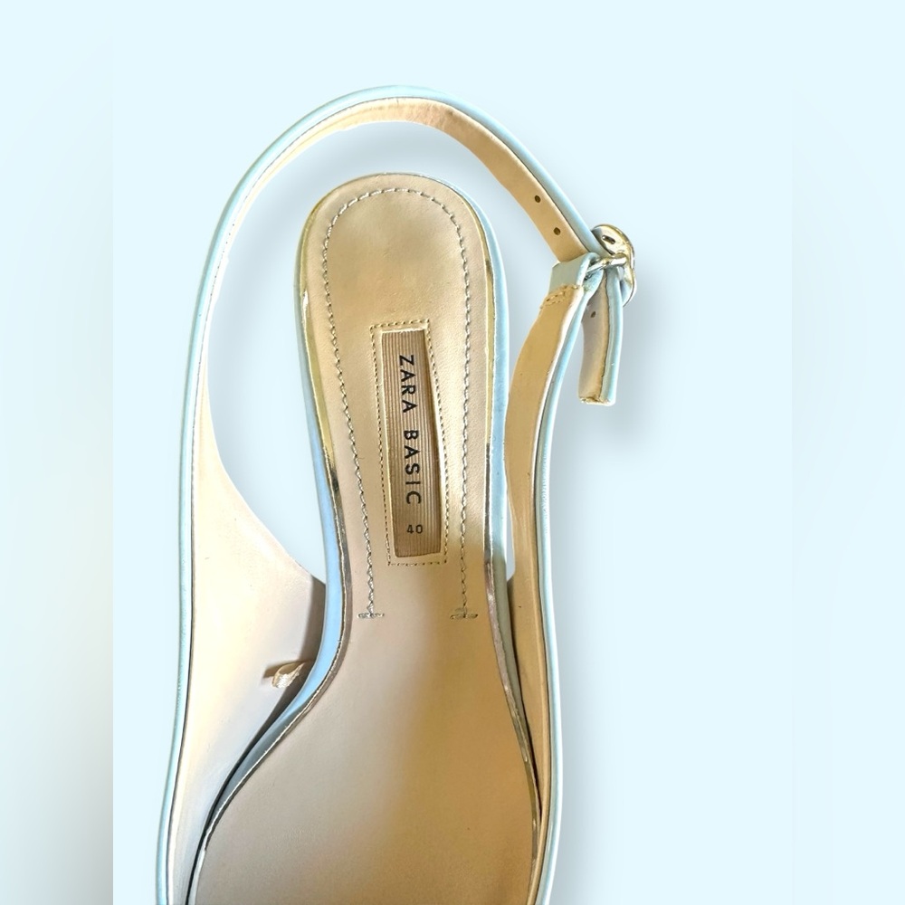 ZARA Basic Sky Blue Patent Slingback Heels Women’s 40 Pointed Toe Kitten Pumps - Picture 2 of 8